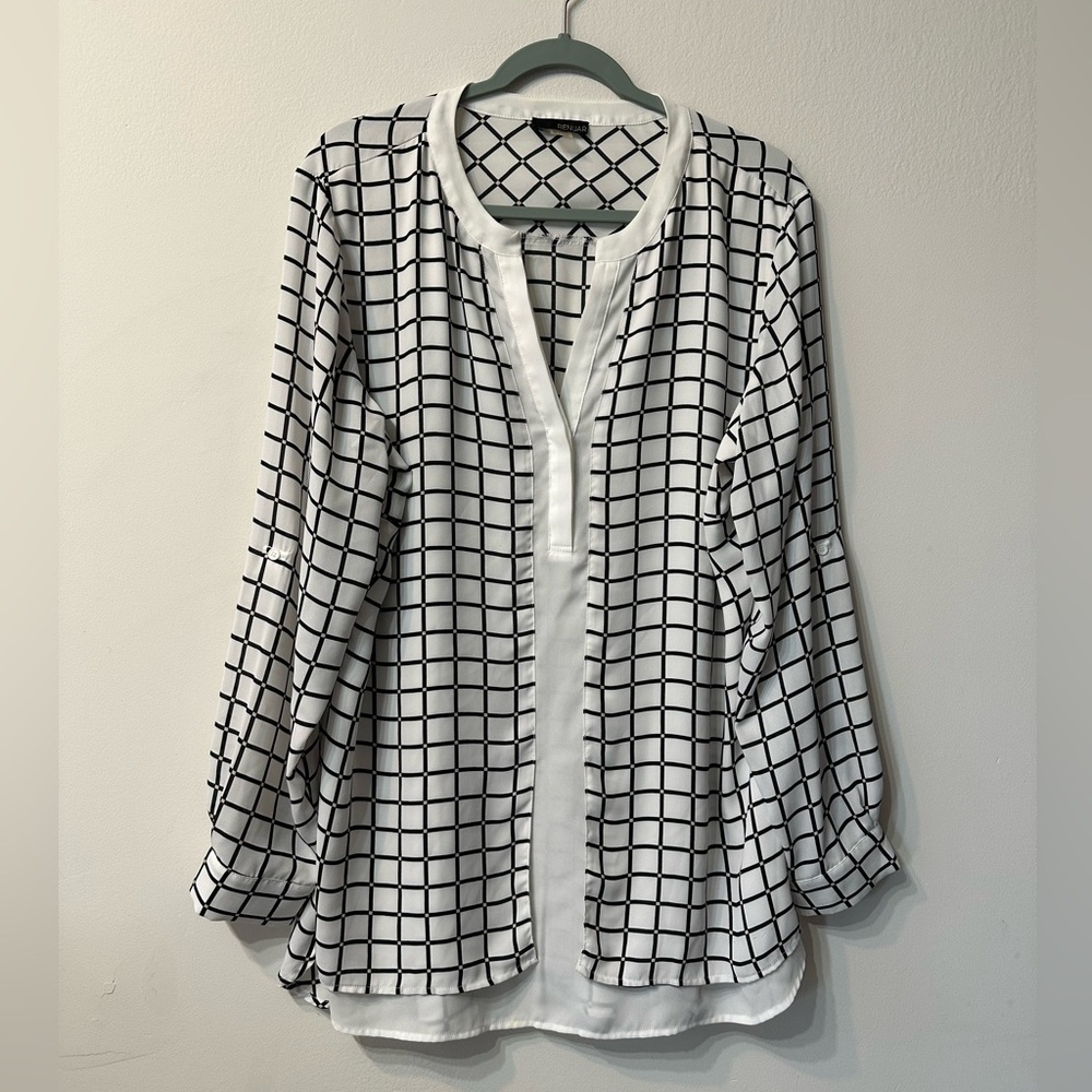 Renuar White Black Geometric V-Neck Roll Tab Sleeve Blouse Women's XL